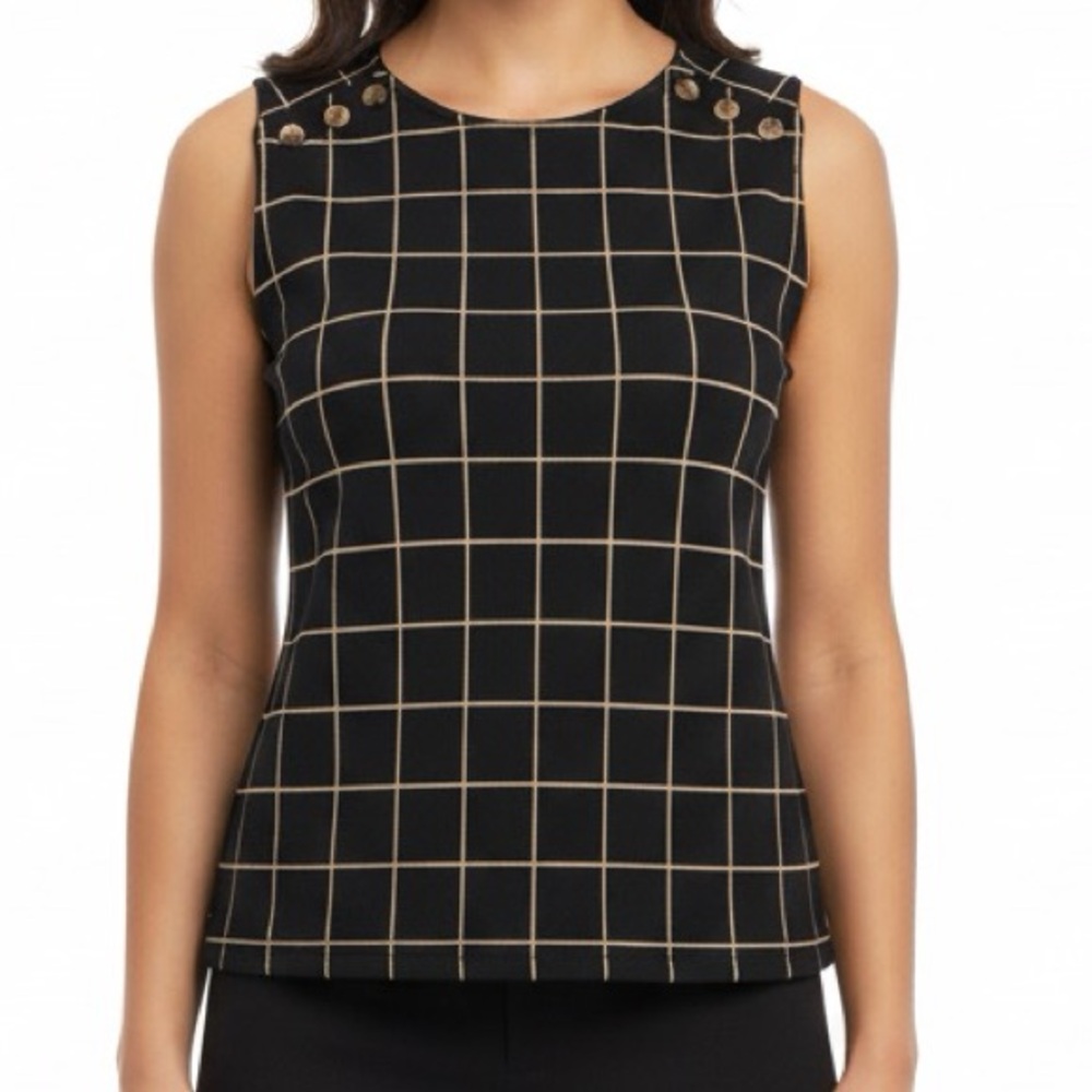 Ann Taylor Shell Top Small Black Tan Windowpane Plaid Sleeveless Career Blouse